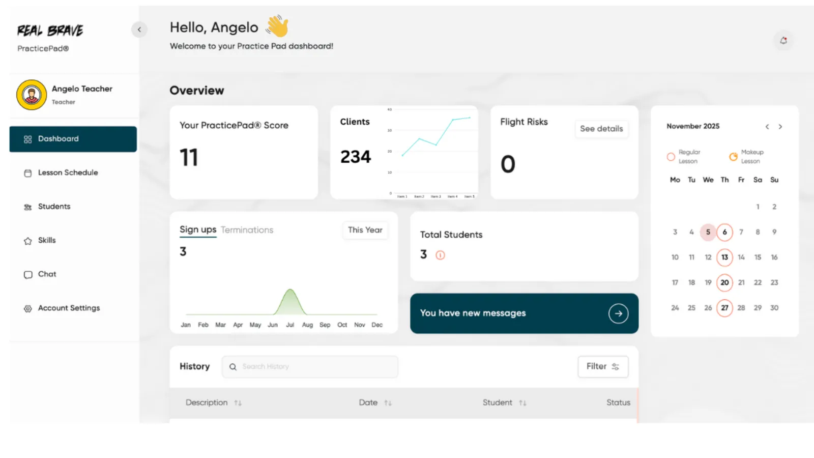 PracticePad teacher workspace — roster, lesson history and skill assignment